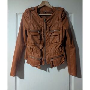 Farm Rio | Faux Leather Moto Jacket In Cognac Brown